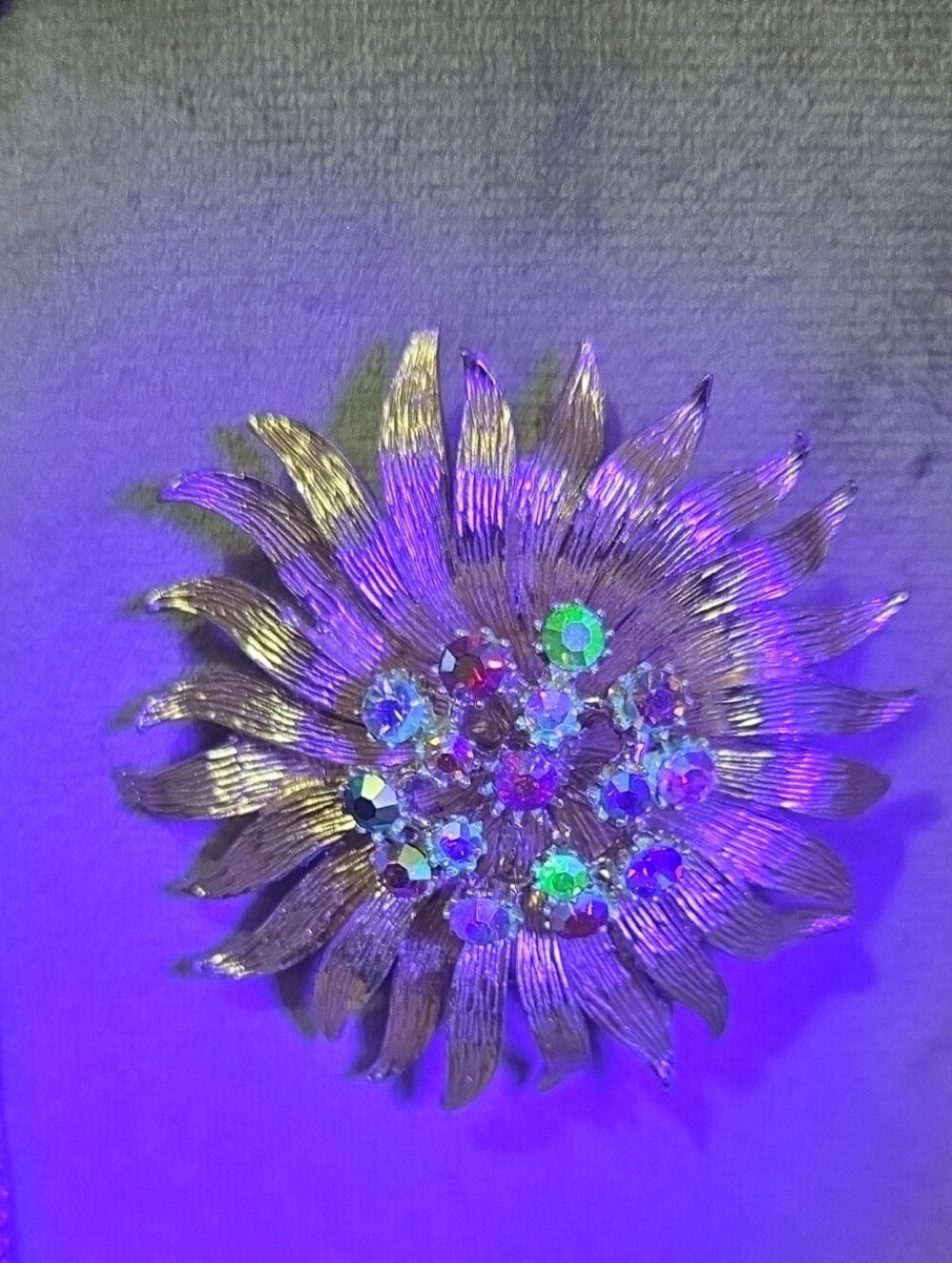 Vintage Brooch With Uranium Glass And Multi Color AB Crystals